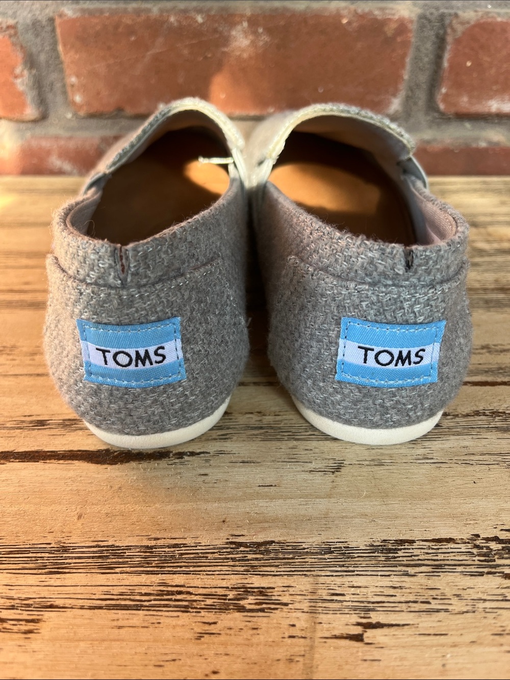 Toms Gray Slip-On Shoes with Light Blue Logo Patch Size 6 Excellent condition